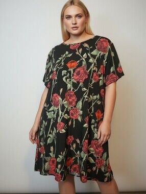 Black Floral Rose Short Sleeve Dress
